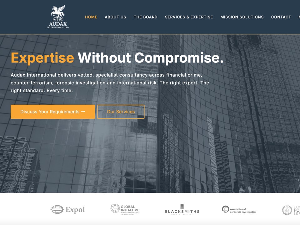 Audax International — WordPress site for a risk and investigations consultancy